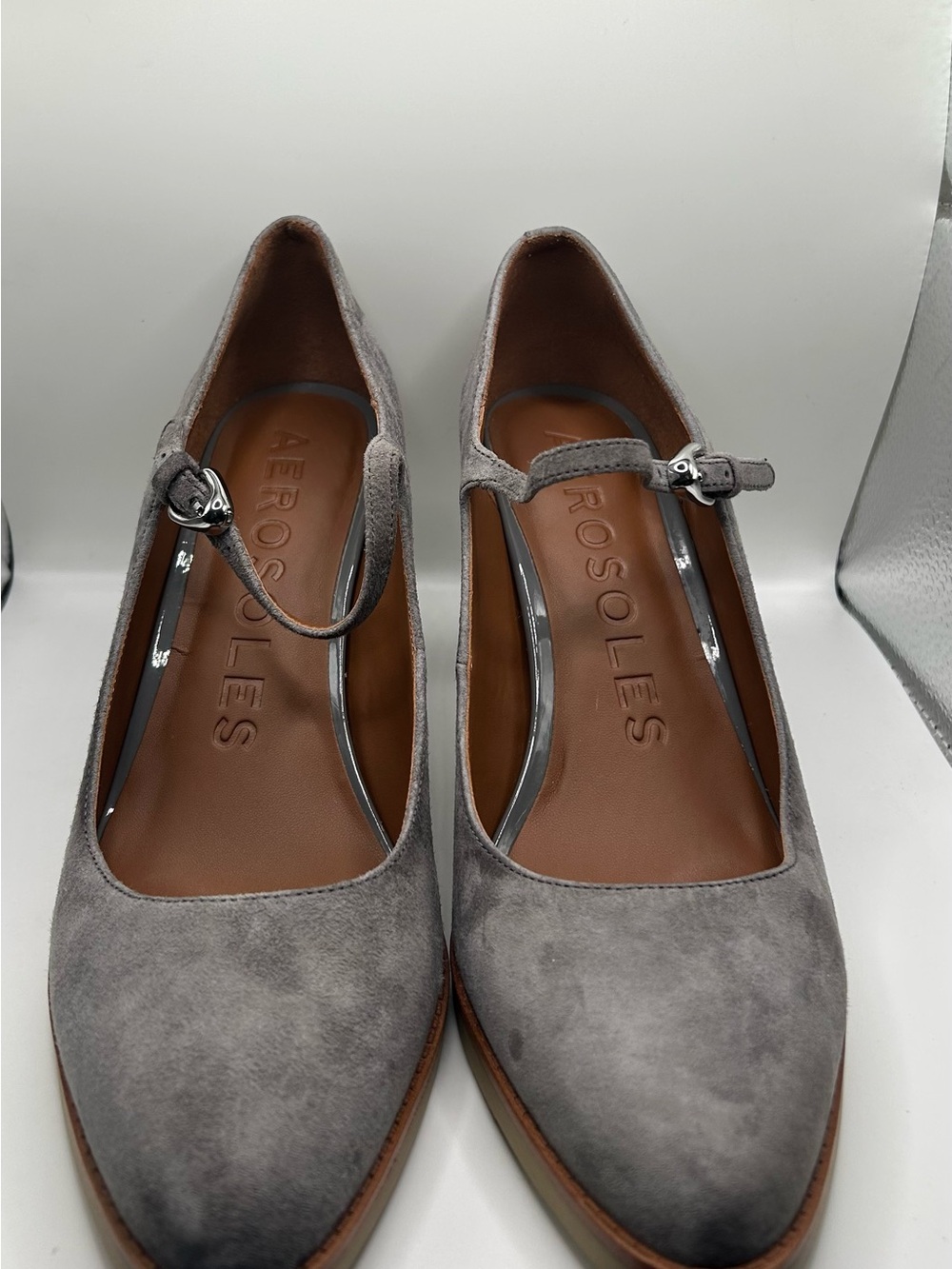 Aerosole-Gray Suede Mary Jane Heel with Ankle Strap